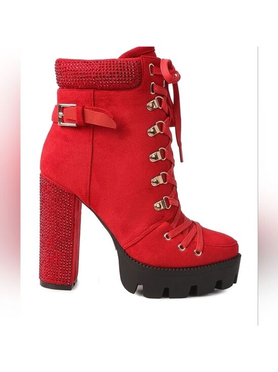 London Rag Co Shoes - Red Lace-Up Platform Birch Diamante Block Heeled Ankle Boots Womens 8